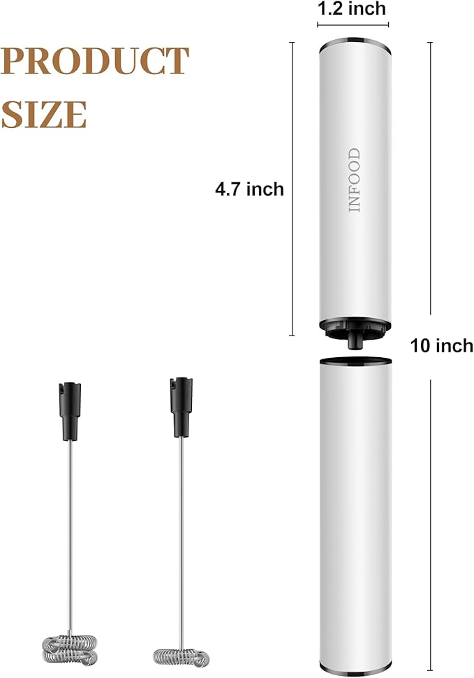 INFOOD Milk Frother Rechargeable with Cover - Coffee Frother Wand, Drink Mixer Handheld with 2 Detachable Stainless Whisks 2 Speed Adjustable for Latte, Cappuccino, Hot Chocolate, Egg, White