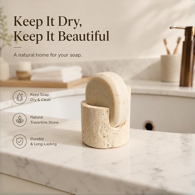 Natural Travertine Sponge Holder for Kitchen Sink – Solid Stone Cylinder Sponge Caddy with Dual-Height Cut-Out, Compact Countertop Sink Organizer & Modern Home Décor