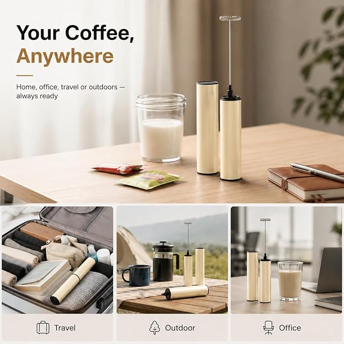 Rechargeable Milk Frother, Electric Coffee Foamer, Handheld Drink Mixer for Latte, Cappuccino, Coffee, Eggs, Hot Chocolate, Protein,Beige