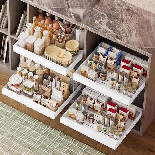 2-Pack Pull-Out Cabinet Organizer with Expandable - Spice Rack Organizer for Cabinet & Slide-Out Drawers for Kitchen Cabinets,Adjustable Width 11.8"-19.7"White