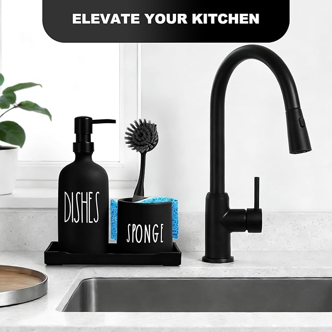 Dish Soap Dispenser for Kitchen, Glass Dish Soap Dispenser with Sponge Holder, Black Dispenser Set with Tray, 3 in 1 Countertop Sink Organizer, Farmhouse Kitchen Decor