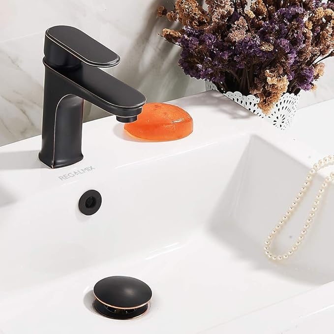 REGALMIX Vessel Sink Drain,Bathroom Pop-up Drain with Detachable Basket Stopper, Anti-Explosion and Anti-Clogging Drain Strainer, Sink Drain Assembly with Overflow Oil Rubbed Bronze, RWF083K