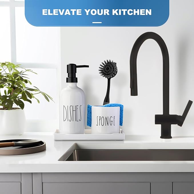 Dish Soap Dispenser for Kitchen, Ceramic Dish Soap Dispenser with Sponge Holder, White Dispenser Set with Tray, 3 in 1 Countertop Sink Organizer, Farmhouse Modern Kitchen Decor