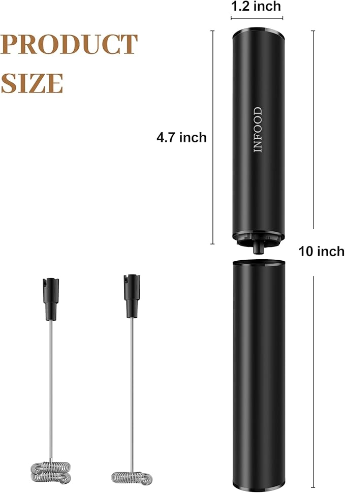 INFOOD Milk Frother Rechargeable with Cover - Coffee Frother Wand, Drink Mixer Handheld with 2 Detachable Stainless Whisks 2 Speed Adjustable for Latte, Cappuccino, Hot Chocolate, Egg, Black