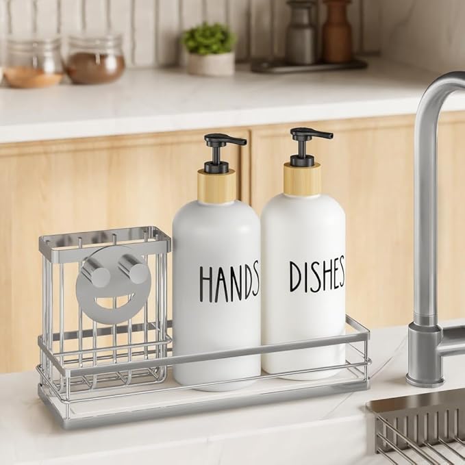 Moforoco Kitchen Dish Soap Dispenser Set, 16OZ Glass Bottle, Hand and Dish Soap Dispenser Set, Instant Dry Tray, Brush Holder with Smiley Face Sponge Holder (Silver Tray+White Bottle)
