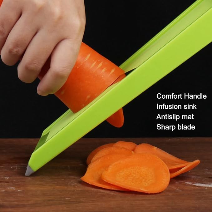 Handheld Potato Slicer & French Fry Cutter, Stainless Steel Manual Vegetable Slicer for Chips Homemade Fries Carrots Zucchini Easy Grip Green Slicer Chip Maker (4.25x10.8in)
