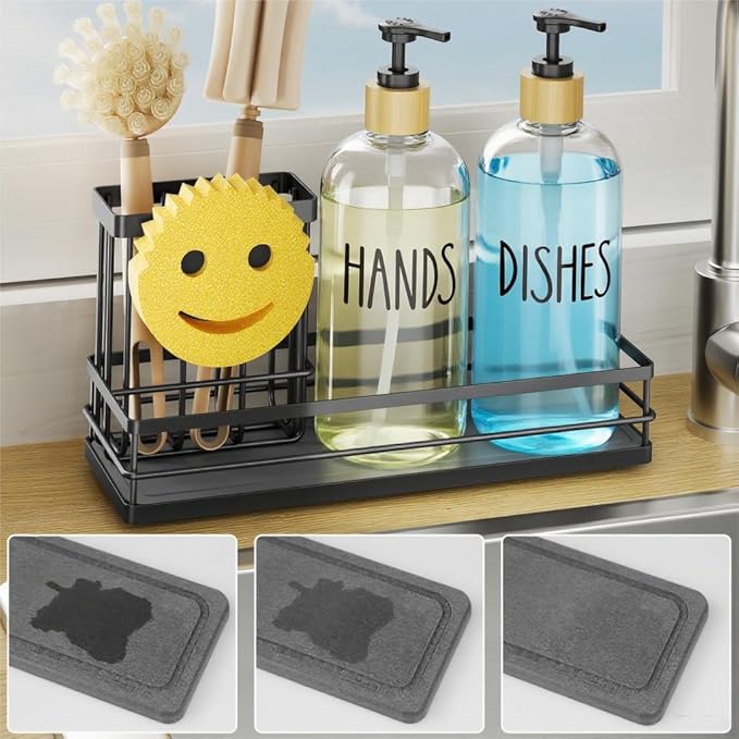 Kitchen Dish Soap Dispenser Set, 16OZ Glass Bottle, Black Tray+Clear Bottle