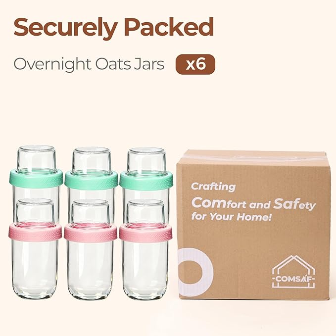 ComSaf Overnight Oats Containers with Lids (16oz+4oz, 6Pcs), Dual-Layer Chia Pudding Jars with Dry and Wet Separation, Yogurt Parfait Cups for Oatmeal Cereal Nut Fruit, Meal Prep Glass Jars for Salad