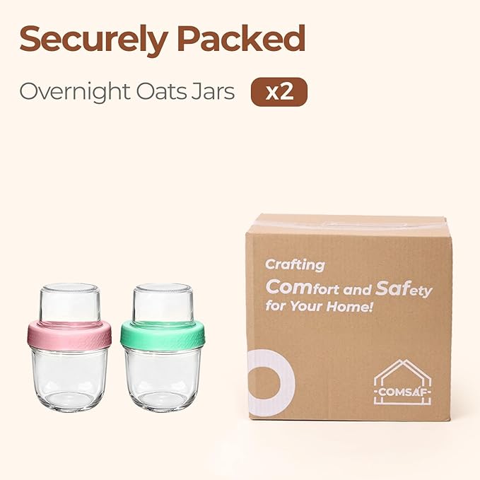 ComSaf Overnight Oats Containers with Lids (8oz+4oz, 2Pcs), Glass Yogurt Parfait Cups for Cereal Nut Fruit, Dual-Layer Chia Pudding Jars Reusable, Small Mason Jars for Salad, Meal Prep, Snack, Oatmeal