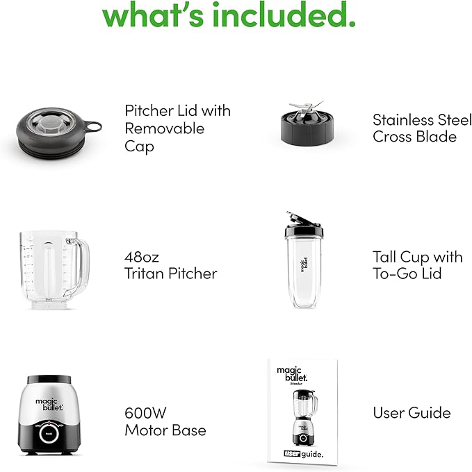 magic bullet Combo Blender, 600W, 48oz Pitcher, 16oz Cup with To-Go Lid, Easy Cleaning, Cross Blade, for Smoothies, Sauces, Shakes, Salsa, Hot Blends, Silver, MBF50200