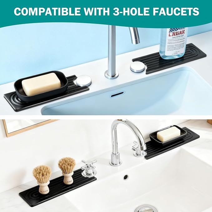 PEKER Teak Wood Faucet Mat for Kitchen Sink 19.7" – Natural Teak Sink Splash Guard Tray, Water-Resistant Wooden Sink Drip Catcher & Organizer for Kitchen & Bathroom Counter