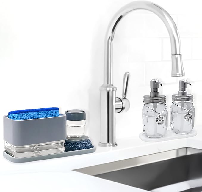 Silicone Organizer Tray, Soap and Sponge Holder for Kitchen Sink, Bathroom - Storage Tray for Dish Brush, Soap Dispenser, Dishwashing Accessories- 2 Pack (Gray)