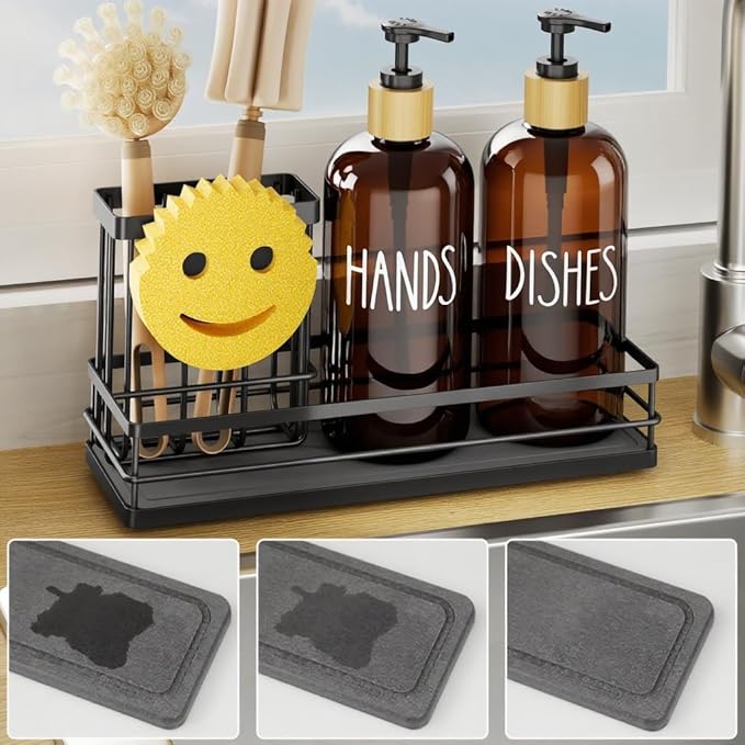 Moforoco Kitchen Dish Soap Dispenser Set, 16OZ Glass Bottle, Hand and Dish Soap Dispenser Set, Instant Dry Tray, Brush Holder with Smiley Face Sponge Holder (Black Tray+Amber Bottle)
