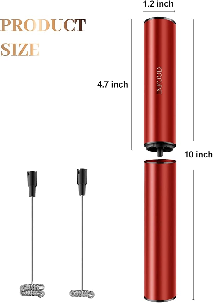 INFOOD Milk Frother Rechargeable with Cover - Coffee Frother Wand, Drink Mixer Handheld with 2 Detachable Stainless Whisks 2 Speed Adjustable for Latte, Cappuccino, Hot Chocolate, Egg, Red