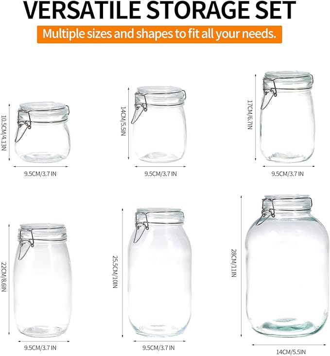 6 Pack 17oz Food Storage Jars with Airtight Lids, Preserving Seal Wire Clip Fastening Glass Containers, Canisters for Kitchen Organization, Flour, Cereal, Pasta, Sugar, Beans, Pickling Jars (17 Oz*6)