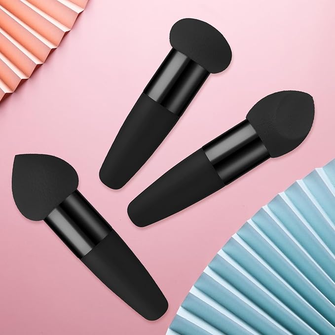 Sibba 3Pcs Mini Makeup Sponge Set Foundation Concealer Blending Puff with Angled Brush Applicator Handle, Portable Packaging for Face, Eyebrow, and Powder Application(black)