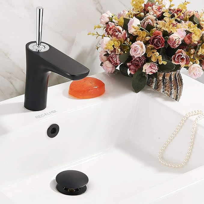REGALMIX Vessel Sink Drain, Bathroom Faucet Vessel Sink Pop Up Drain Stopper, Built-in Anti-Clogging Strainer, with Overflow Matt Black, Fits Standard American Drain Hole(1-1/2" to 1-3/4") RWF083P