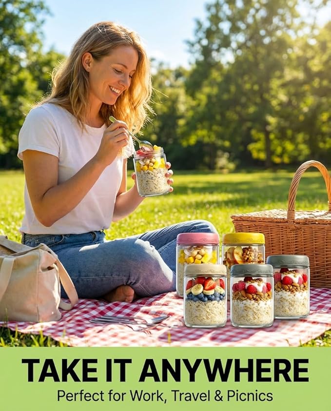 16oz 4Pack Glass Overnight Oats Jars Containers with Airtight Leakproof Lids, Reusable Mason Jars for Meal Prep, Yogurt Parfaits, Smoothies, Salads & Healthy Breakfasts (16 OZ-4-2)