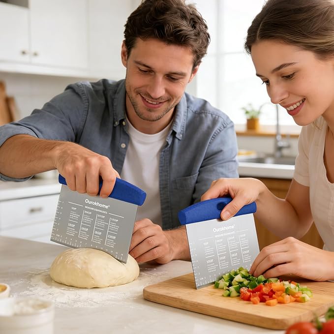 Ourokhome 2 Pack Bench Scraper Dough Cutter, Stainless Steel Dough Scraper with Laser-Etched Scale, Conversion Chart, Non-Slip Handle, Dishwasher Safe for Bread & Pastry, Blue