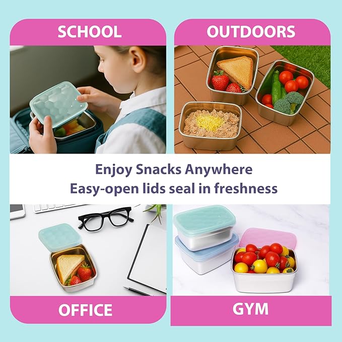 Tanjiae 3-Pack Stainless Steel Snack Containers for Kids & Toddlers - 550ml (18oz) Leakproof Reusable Food Containers with LFGB Certified Lids | Stackable Metal Lunch Box for Daycare, School, Travel