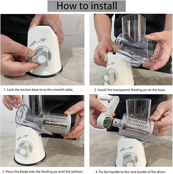 Handheld Rotary Cheese Grater Shredder- 3 Interchangeable Stainless Steel Drum Blades Manual Round Mandolin Vegetable Slicer Nut Grinder with Upgraded Strong Suction Base & Free Sharp Peeler, White