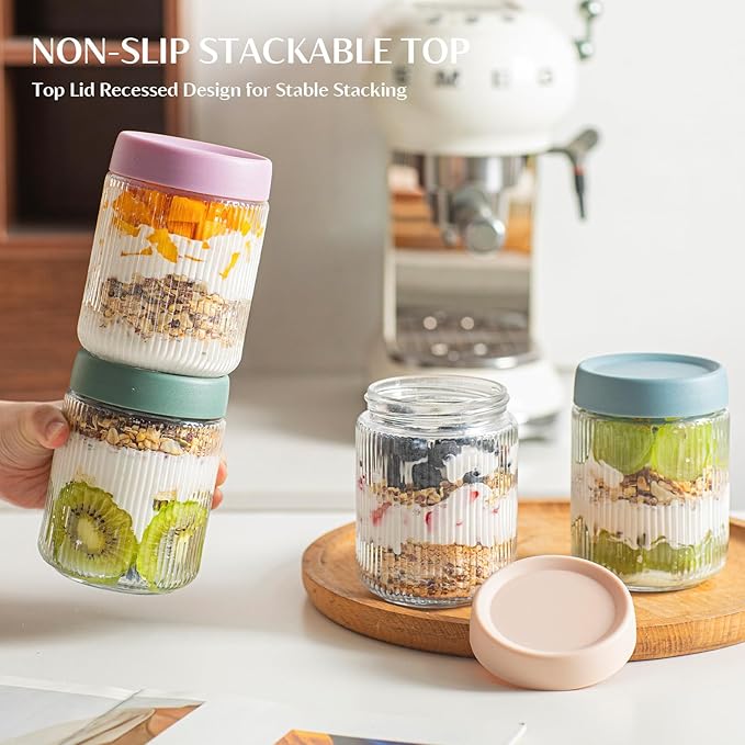 INSETLAN 16oz Glass Overnight Oats Containers with Lids – 6 Pack, Ribbed Glass Mason Jars for Meal Prep, Glass Food Storage Containers for Chia Pudding, Yogurt, Snacks, Fruit & Vegetables, Milk