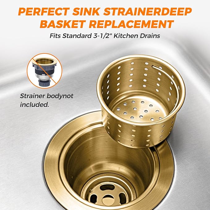 Deep Sink Strainer Basket – Fits Standard 3-1/2" Kitchen Drains – Gold Stainless Steel Removable Strainer with 30 Disposable Mesh Bags – Makes Cleaning Food Debris Quick & Easy
