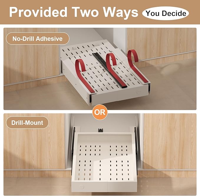 Fokyfok Pull-Out Cabinet Organizer, Expandable Width(11"–17") and Depth (25"-32"),Adhesive No-Drill or Drill Mount Slide Out Drawer for Kitchen, Pantry, Roll out Shelves for Frameless Cabinets, White