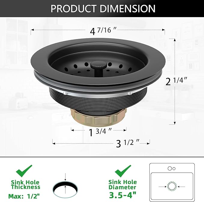 Black Sink Drain 3-1/2 Inch Matte Black Kitchen Sink Drain Strainer Assembly Kit with Strainer Basket and Drain Stopper for Standard Kitchen Sink Stainless Steel