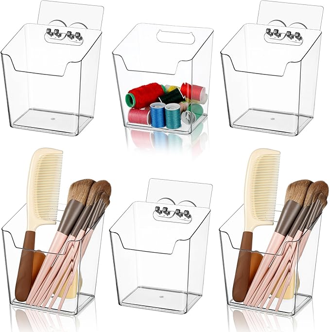 Clear Inside Cabinet Door Organizer, 6 Pack Plastic Wall Storage Bin Adhesive, Vertical Versatile Caddy Makeup Brush Pen Holder for Small Spaces in Bathroom, Office, Kid's Room Organization, No-Drill