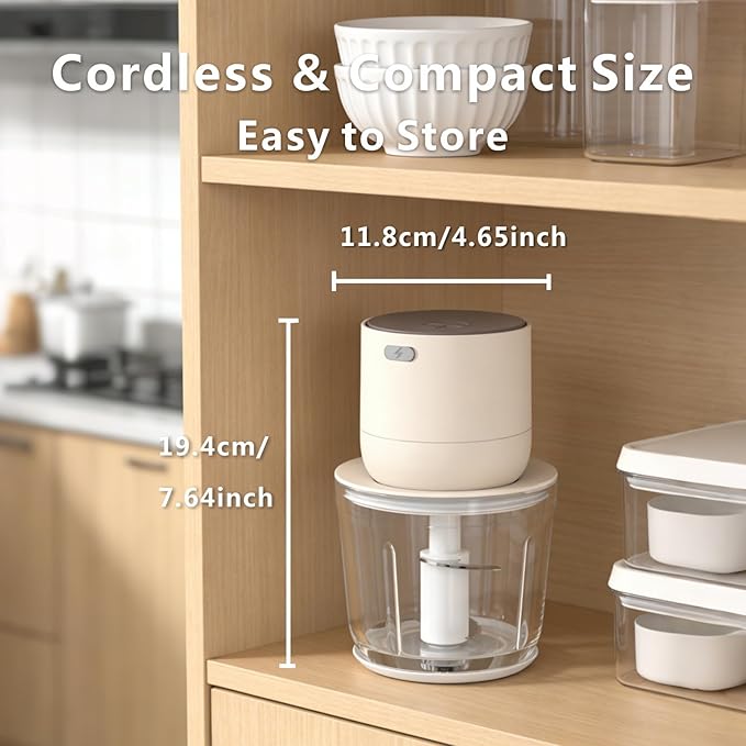 600ml Glass Cordless Food Chopper, Wireless Food Processor with 3 Sharp Blades & USB-C Rechargeable Battery Motor, Small Garlic Vegetable Chopper, Electric Meat Blender Grinder, Portable Mini Mixer