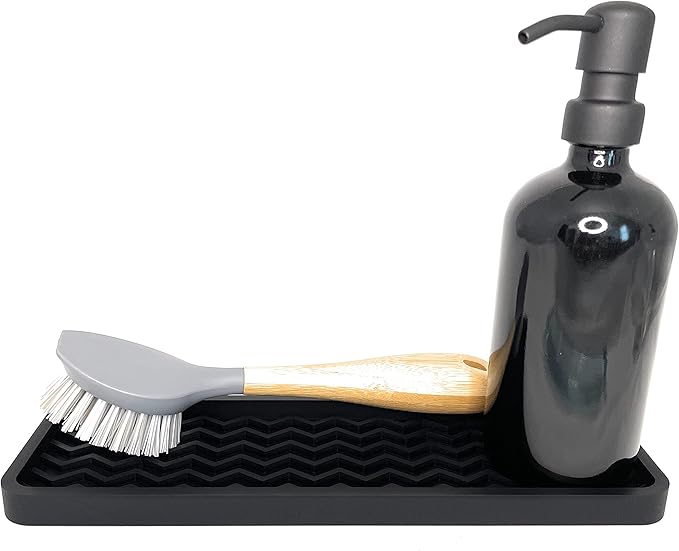 Silicone Sink Organizer Tray, Rectangular, Modern Style, Heat Safe, Dishwasher Safe, for Bathroom and Kitchen Organization (Black, 12"x4", Chevron Pattern)