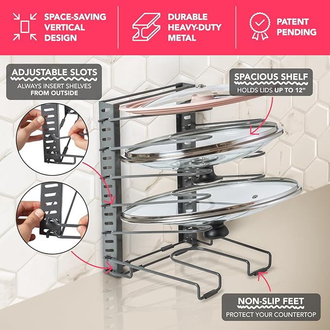 Free-Standing Adjustable Pot Lid Organizer for Cabinet - Kitchen Storage Rack 6 Adjustable Shelves, Pot Lid Holder, Pan and Pot Rack Organizer, Pantry & Inside Cabinet Organizer (13β Clearance)