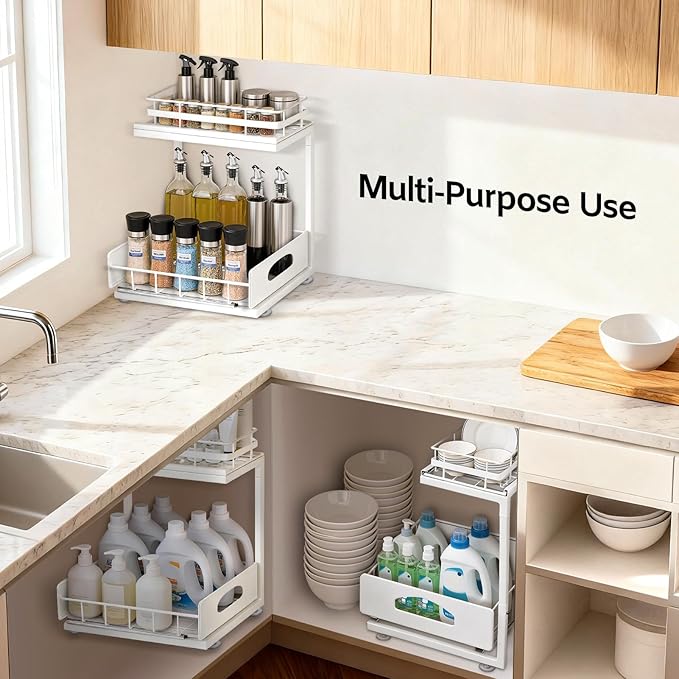 2 Pack Under Sink Organizer Upgrade To Professional Rails, 2-Tier Dual Pull Out Cabinet Storage, Height Adjustable Slide Out Drawers For Bathroom Kitchen General Purpose Storage Bins For Household Use