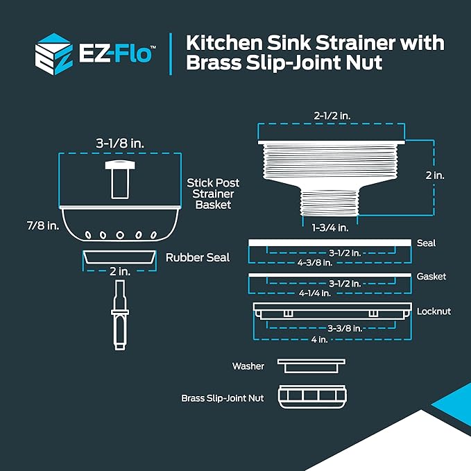 EZ-FLO Kitchen Sink Strainer Fits 3-1/2 Inch Opening, Sink Drain Assembly with Brass Slip-Joint Nut and Fixed-Post Basket, Stainless Steel, 30003