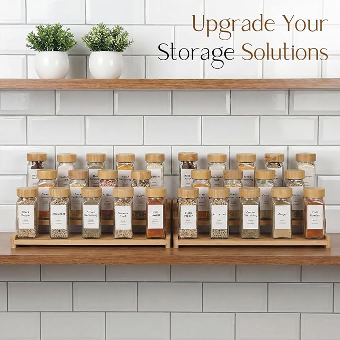 Spice Rack Organizer for Cabinet, 18in Bamboo Tiered Spice Rack,Used for Kitchen Countertops and Food Storage Room Organizer,Specially Designed for Jars and Spice Bottles(Bamboo, L)