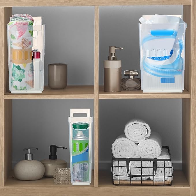 Qunclay 6 Plastic Freezer Organizer Bins with Wheel Set Clear Tall Narrow Kitchen Pantry Organizer Snack Storage Containers for Office Refrigerator(3 Sizes)
