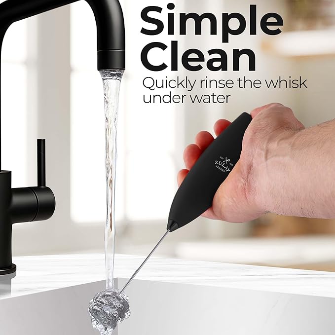Zulay Kitchen Powerful Milk Frother Wand With Duracell Batteries - Ultra Fast Handheld Drink Mixer - Electric Whisk Foam Maker for Coffee, Lattes, Cappuccino & Matcha - Triple Whisk - Midnight Elite