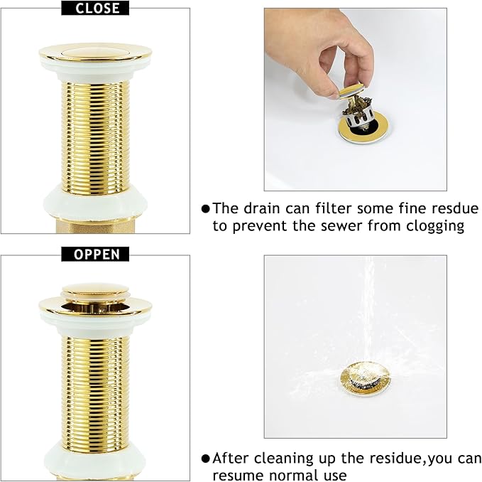 Bathroom Sink Drain,2 Pack Gold Stainless Steel Bathroom Drain Stopper Without Overflow,Small Cap Pop Up Drain Assembly with Detachable Strainer Basket,Built-in Anti-Clogging