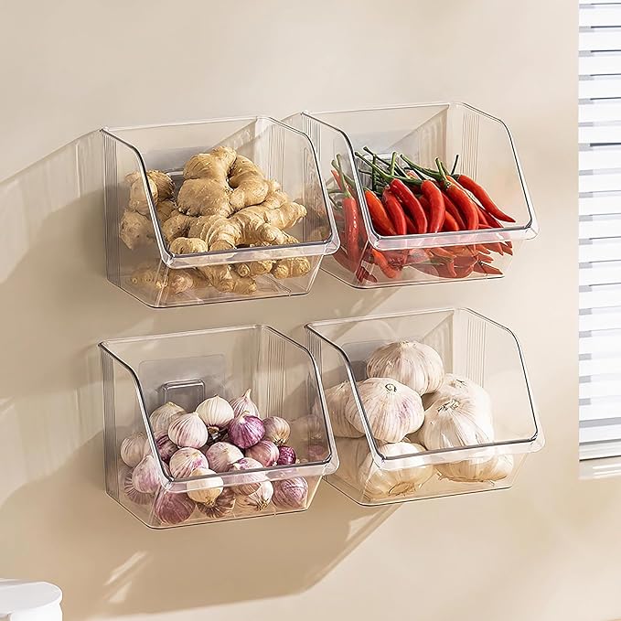 3-Pack Small Clear Acrylic Wall Mounted Storage Baskets, Adhesive Wall Mounted Storage Bins for Cabinet, Kitchen, Pantry, Bathroom