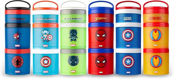 Whiskware Marvel Stackable Snack Containers for Babies, Kids, and Toddlers, 3 Stackable Snack Cups for School or Travel, Formula and Cupholder Friendly, Captain America