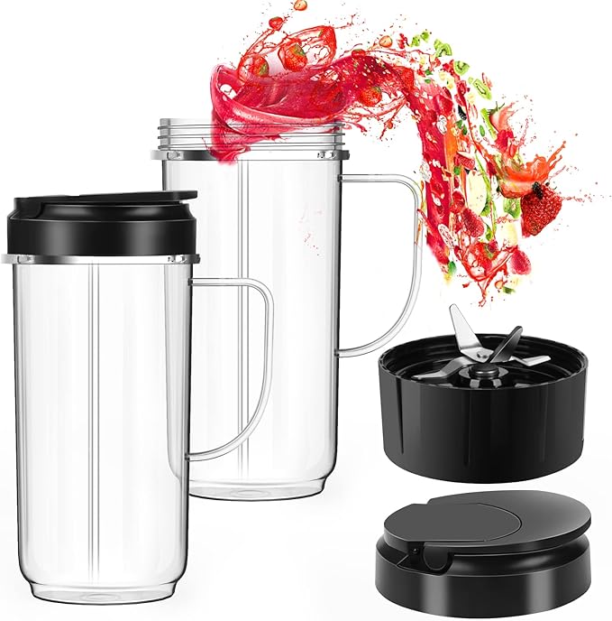 UBYNID 2 Pack Magic Bullet Blender Cups, Tall 22oz Cup with Flip Top To-Go Lid & 4 Fins Cross Blade Blender Replacement Parts, Replacement Cup Mug with Handle Compatible with Magic Bullet 250w MB1001