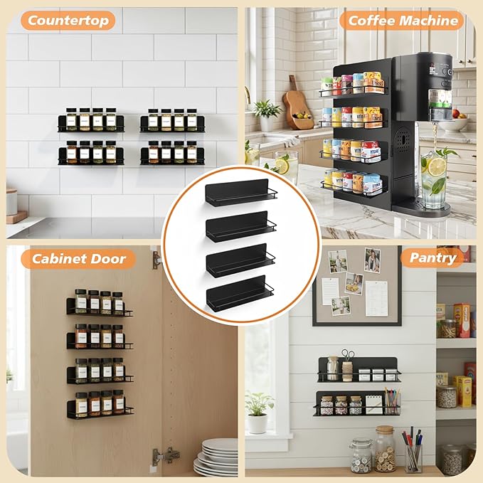 RECAPS Spice Rack Wall Mount 4 Pack, Space-Saving Spice Organizer, Adhesive Hanging Spice Rack, Seasoning Organizer for Wall Kitchen, Cabinet or Pantry Door, Black Metal