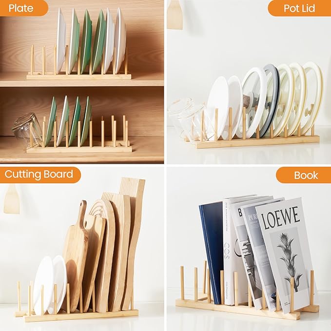 Bamboo Dish Drying Rack-2 PCS Pot Lid Plate Rack Organizer Holder