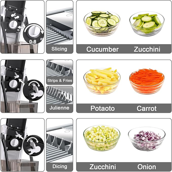 Jonscook All-in-1 Update Safe Mandoline Slicer for Kitchen, Food Chopper with Container, Thickness Adjustable Vegetable Chopper, Potato French Fry Cutter Tomato Apple Slicer Onion (BlackWhite)