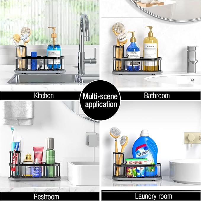 Sponge Holder for Kitchen Sink with High Brush Holder, Black