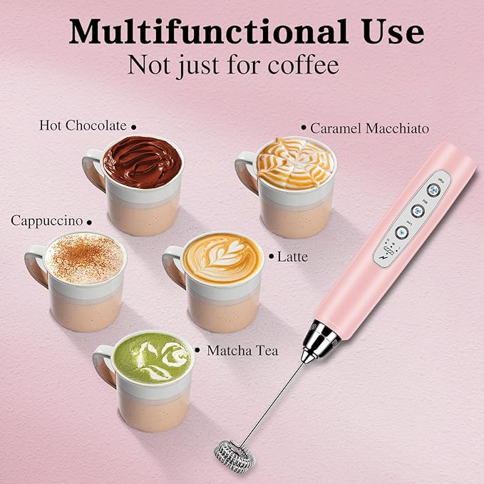 BSRGMS Milk Frother Handheld with Stand, Electric Whisk 3 Speed Adjustable, Drink Mixer with Stainless 3 Whisks, Rechargeable Hand Frother Wand, Foam Maker for Latte Cappuccino Hot Chocolate Egg Pink