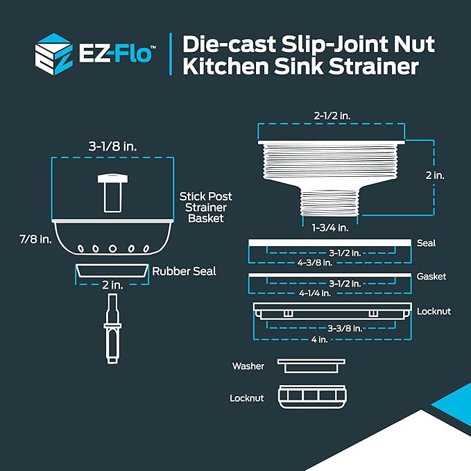 EZ-FLO Kitchen Sink Strainer with Die-Cast Slip-Joint Nut, Fits 3-1/2 to 4 Inch Openings, Stainless Steel, 30001