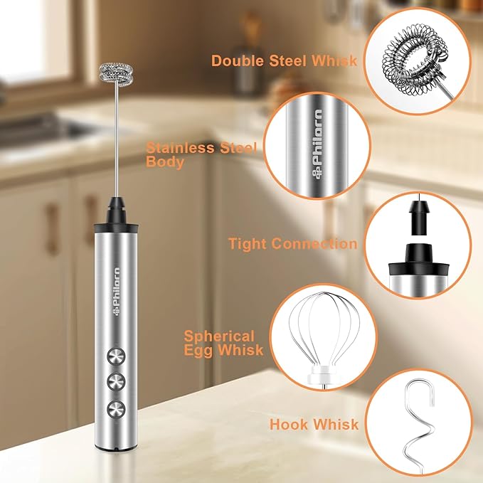 Philorn Coffee Rechargeable Frother With Stand, Handheld Frother Wand for Coffee with 3 Heads 3 Speed, Drink Mixer Handheld Electric Stirrer for Latte, Cappuccino, Matcha, Almond Milk