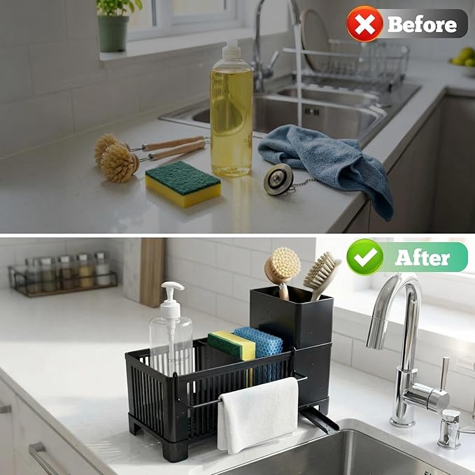 Kitchen Sink Sponge Holder - Plastic Sink Caddy Organizer with 360° Rotating Drain Spout & Tall Brush Holder, Rustproof Dish Soap Countertop Tray, Black